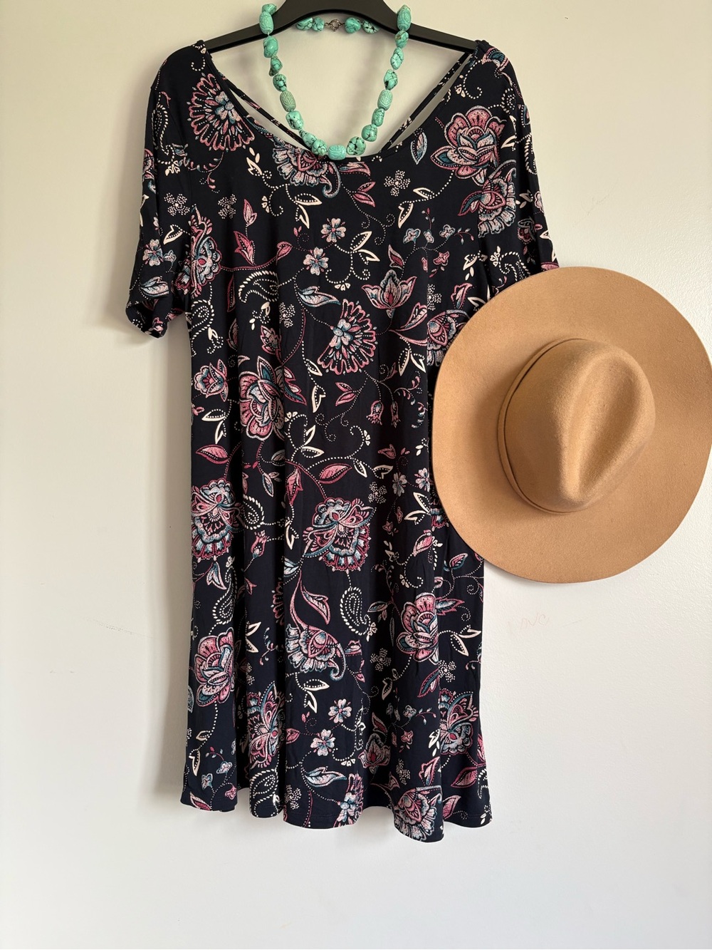 Boho Navy and Pink Floral Short Sleeve Swing Dress XL